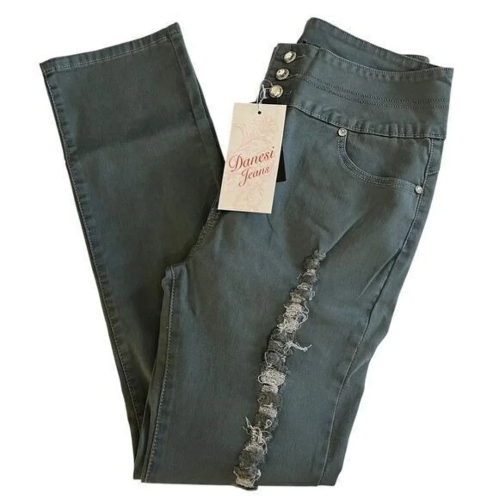 Danesi Jeans Distressed Gray Denim Pants Button Fly Straight Leg Women's Size 17